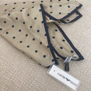Emporia Armani Scarf   17 x17 Square  Color Beige with  Blue Trim and Dots